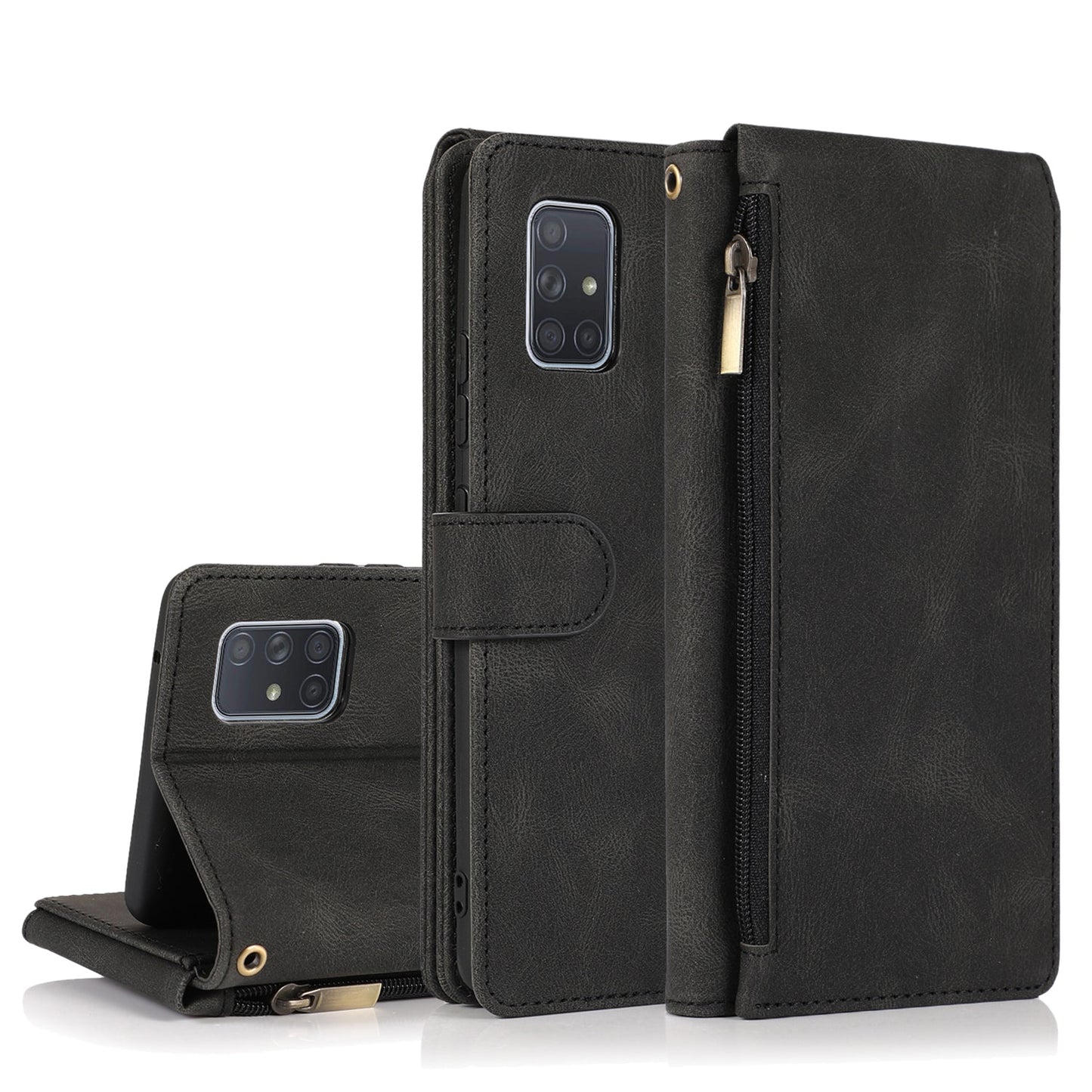 Housse en cuir zippée multi-cartes toucher peau de luxe pour Samsung A51