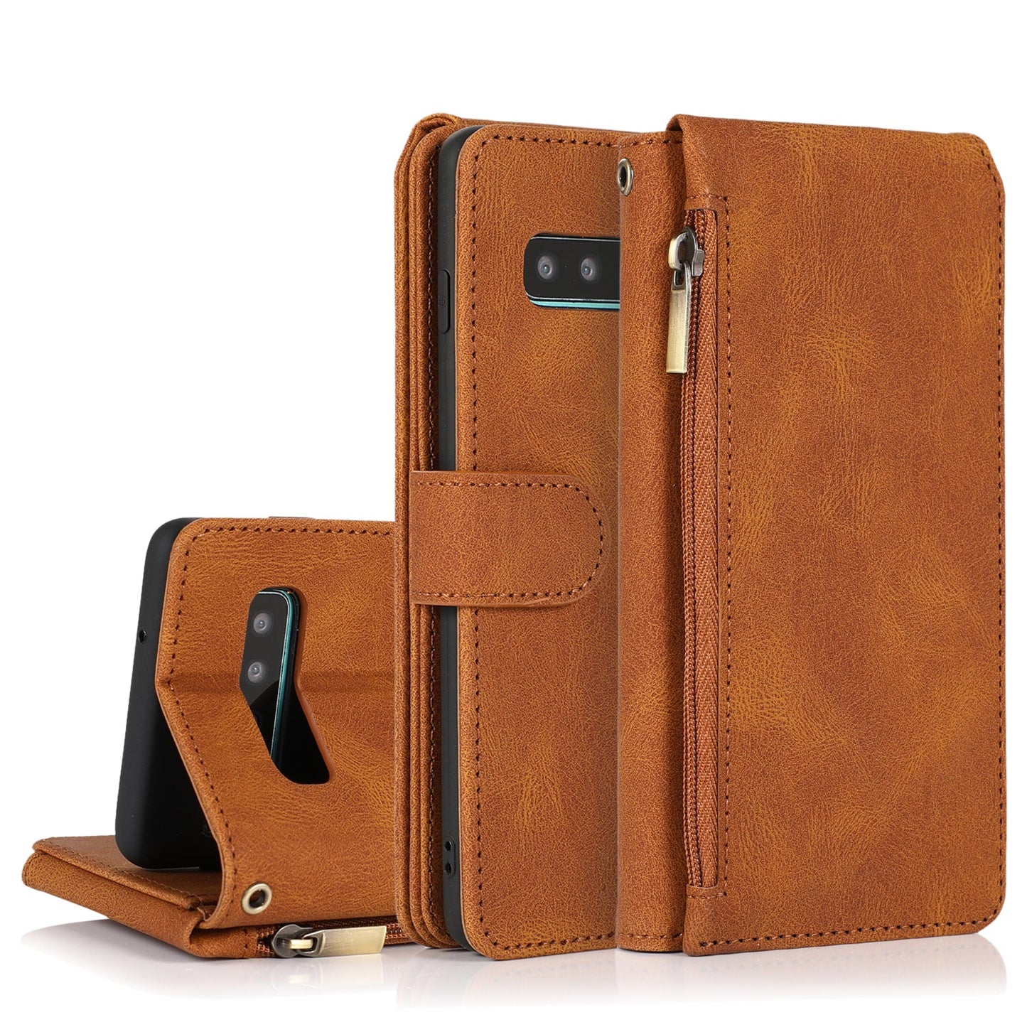 Étui en cuir de luxe avec fermeture éclair et emplacements pour cartes pour Samsung S10 Plus