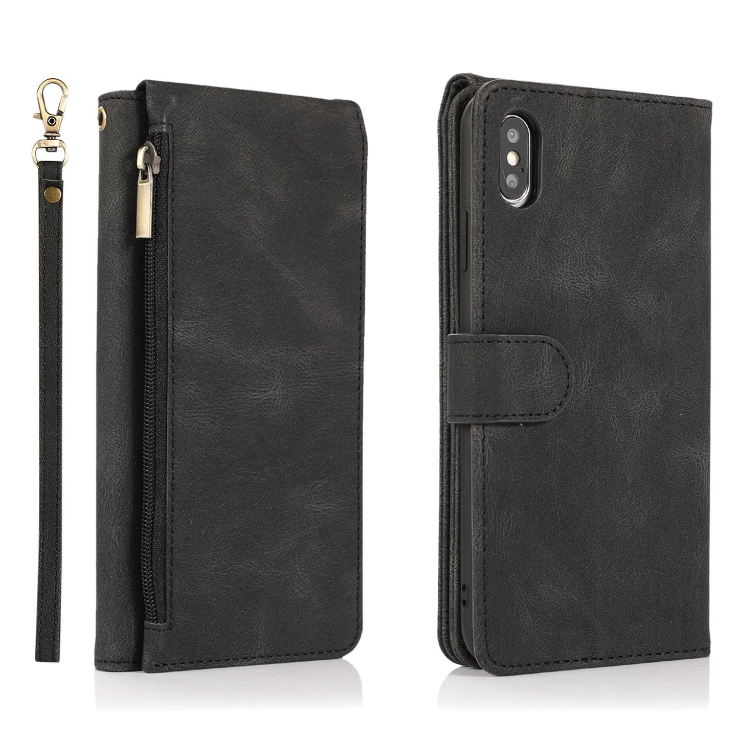 Étui en cuir de luxe à fermeture éclair et porte-cartes pour iPhone X/XS