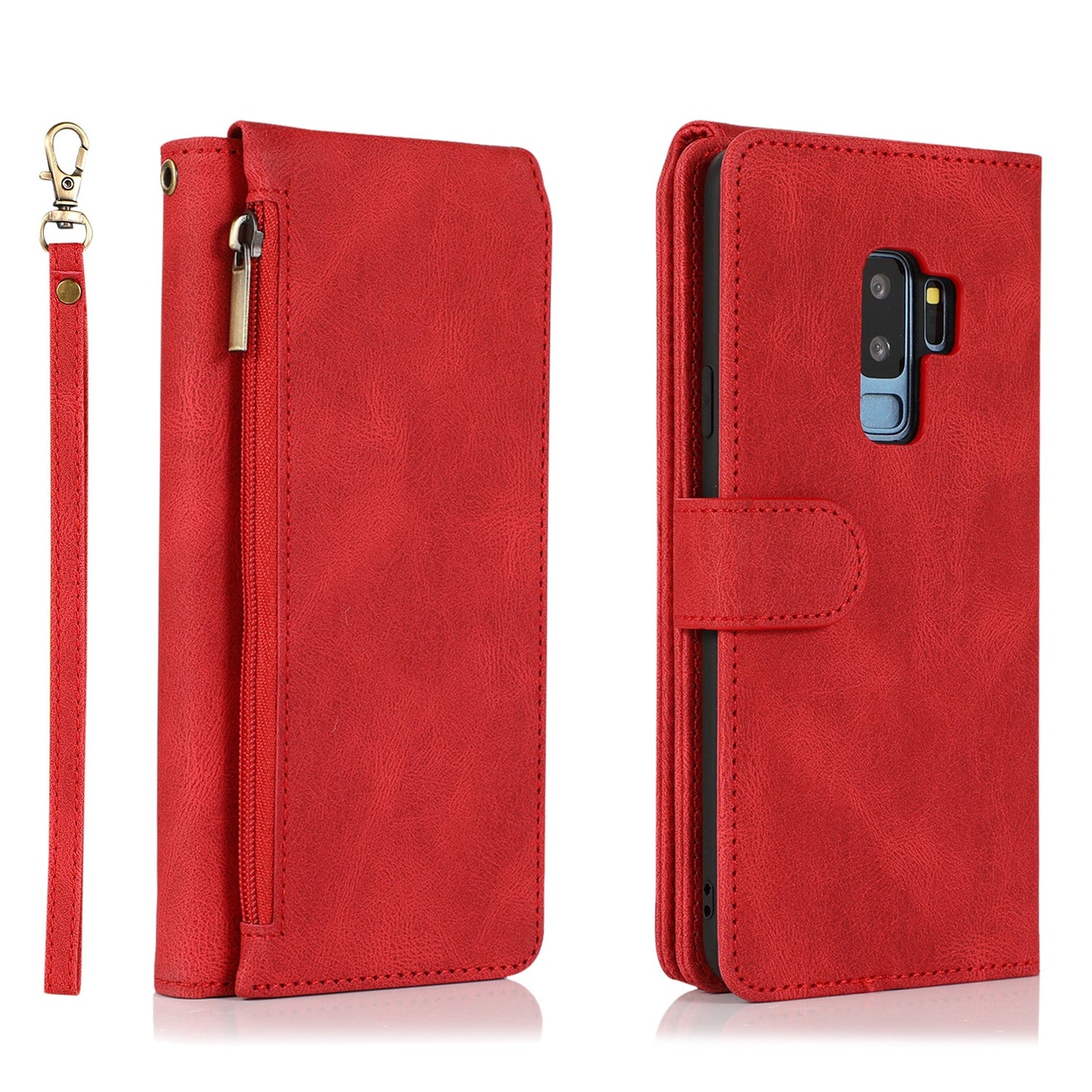 Étui en Cuir de Luxe Multi-cartes avec Fermeture Éclair pour Samsung S9 Plus
