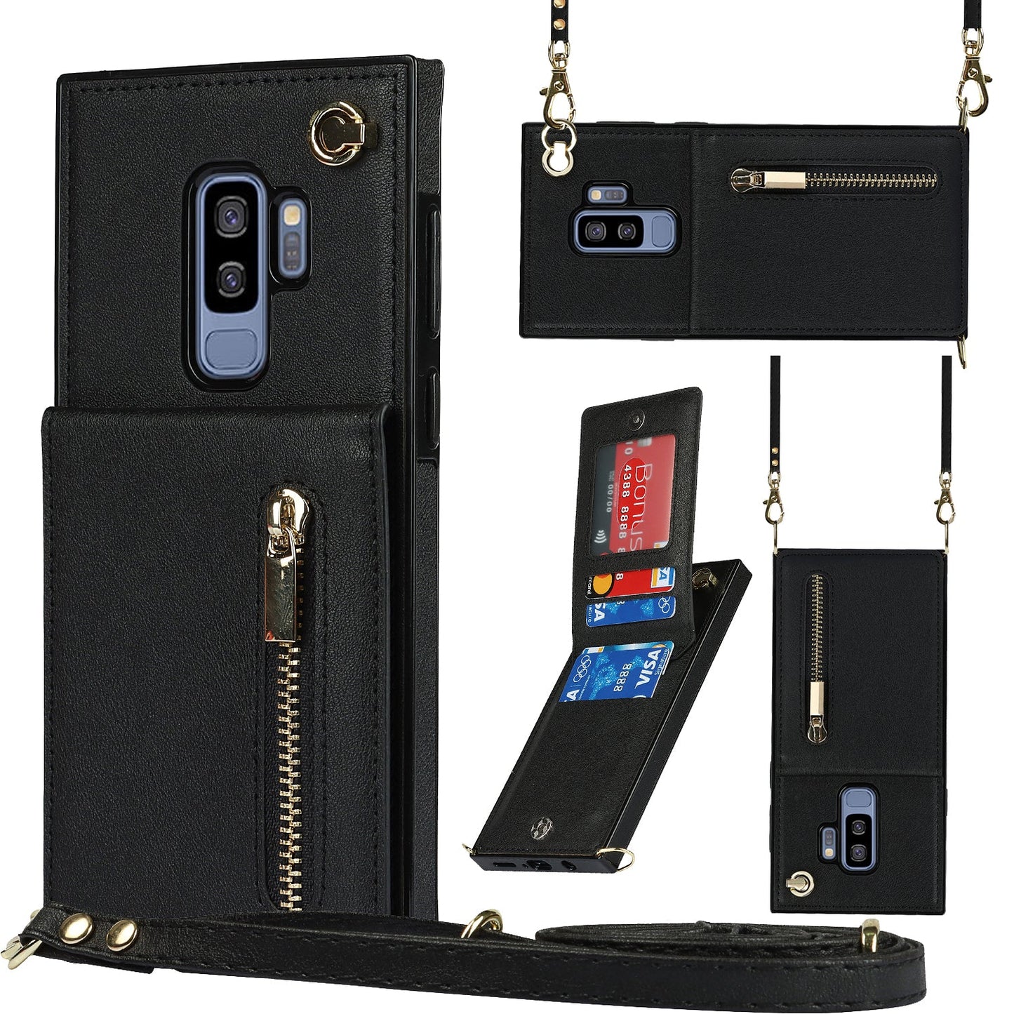 Nouvel étui de téléphone portefeuille à fermeture éclair en bandoulière pour Samsung S9 Plus