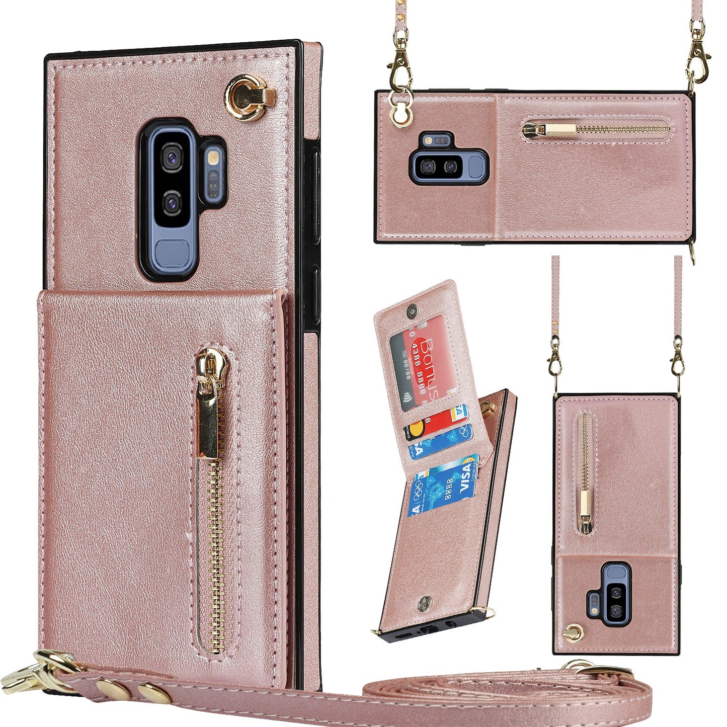 Nouvel étui de téléphone portefeuille à fermeture éclair en bandoulière pour Samsung S9 Plus