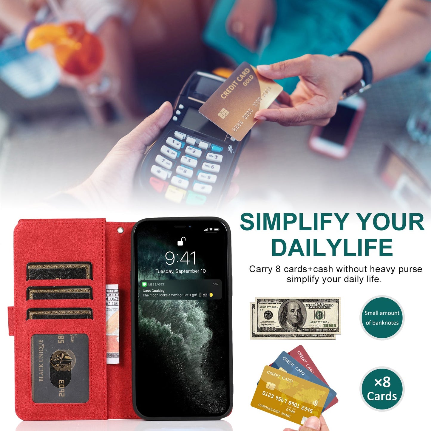 Étui en Cuir à Fermeture Éclair Multi-cartes Sensation Luxueuse pour iPhone 12 et 11 Series
