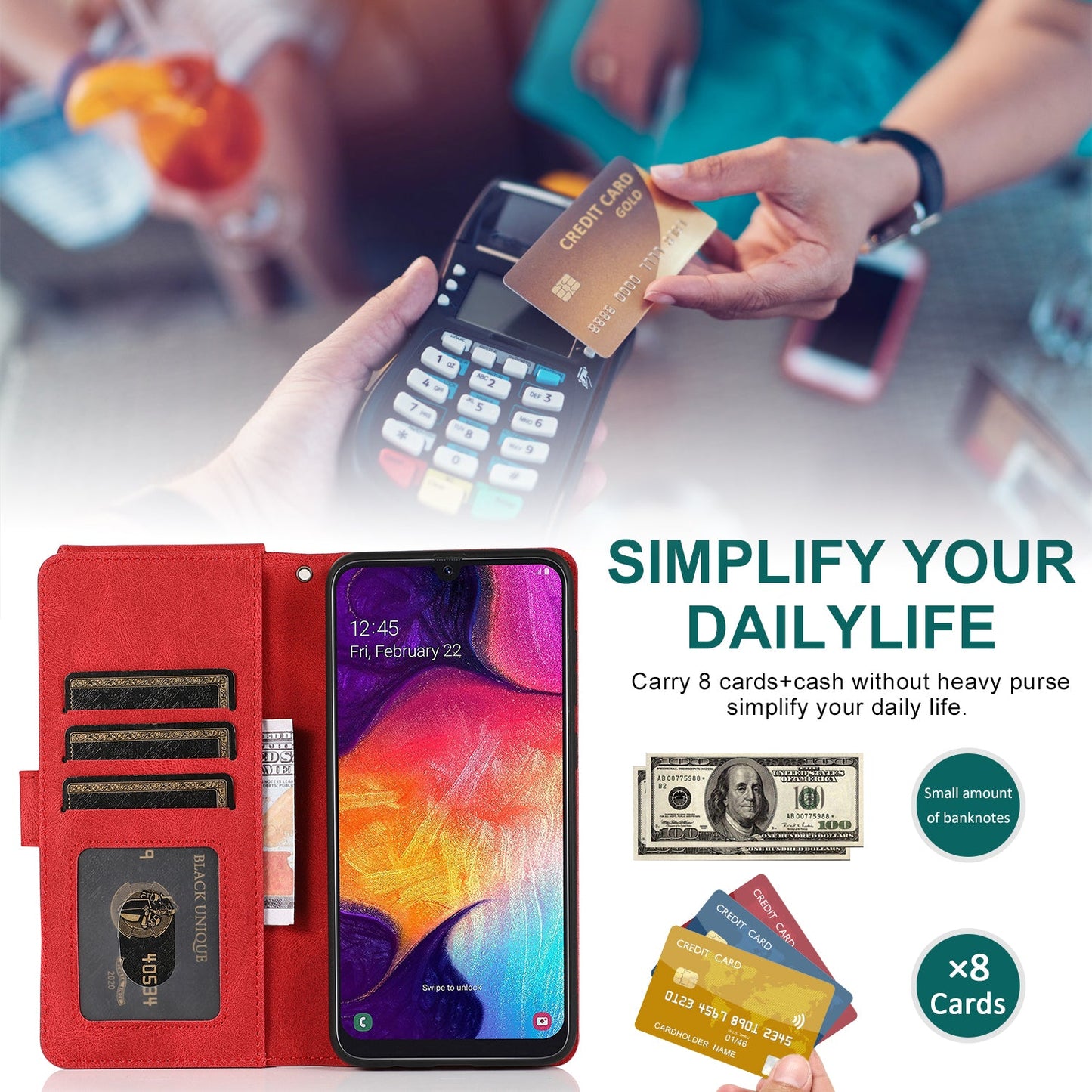 Étui en cuir de luxe à fermeture éclair multi-cartes pour Samsung A70