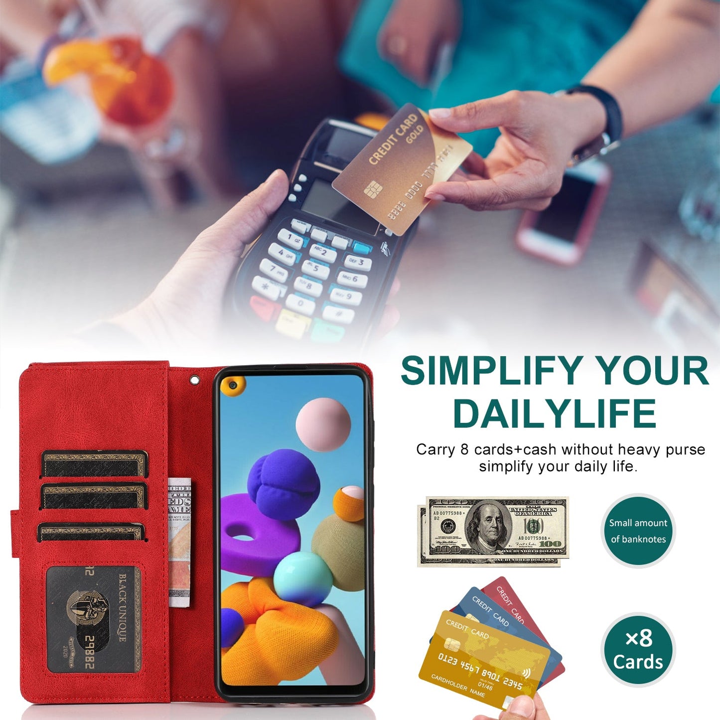 Étui en cuir zippé multi-cartes toucher de luxe pour Samsung A21S