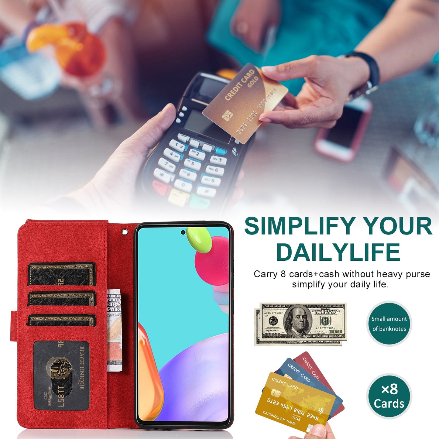 Étui portefeuille en cuir de luxe avec fermeture éclair pour Samsung A52