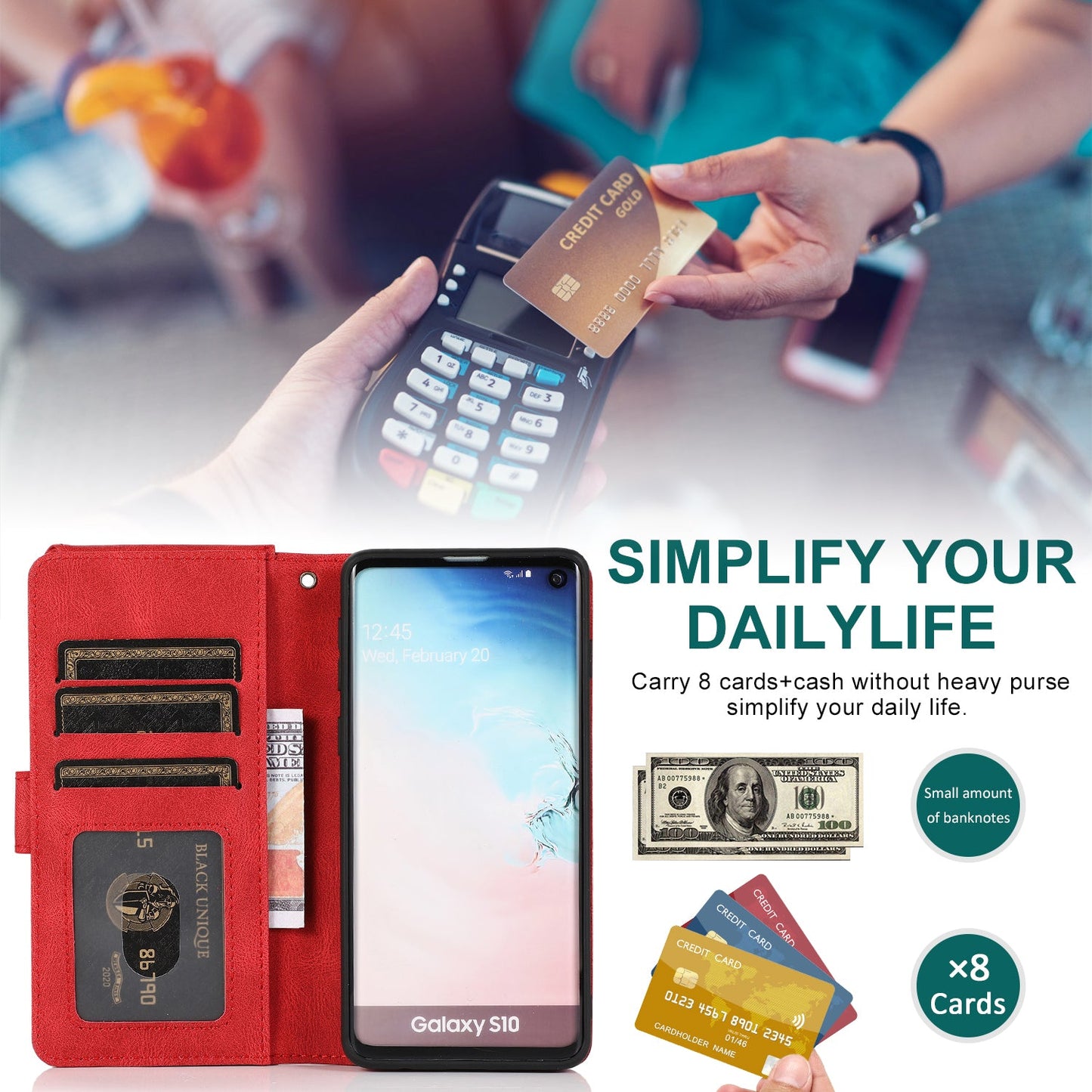 Étui en cuir de luxe avec fermeture éclair et emplacements pour cartes pour Samsung S10 Plus