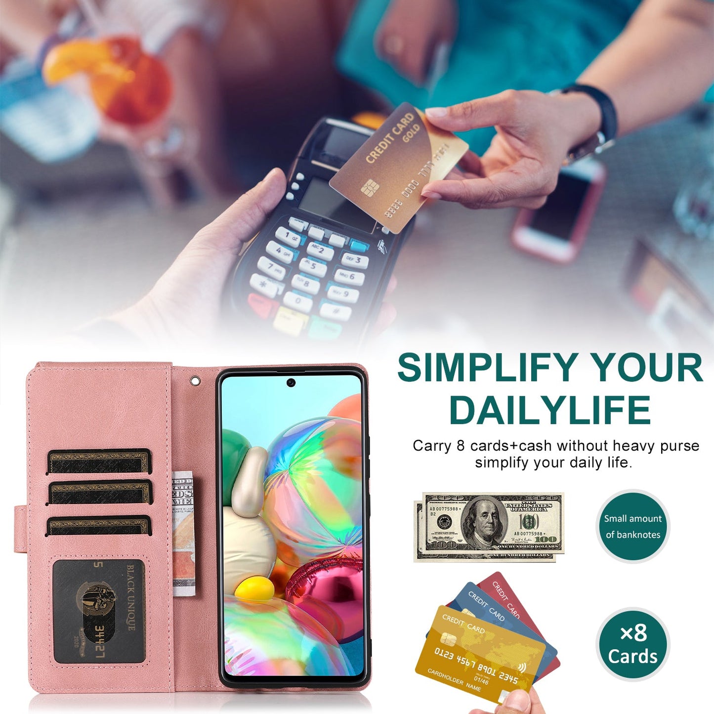 Housse en cuir zippée multi-cartes toucher peau de luxe pour Samsung A51