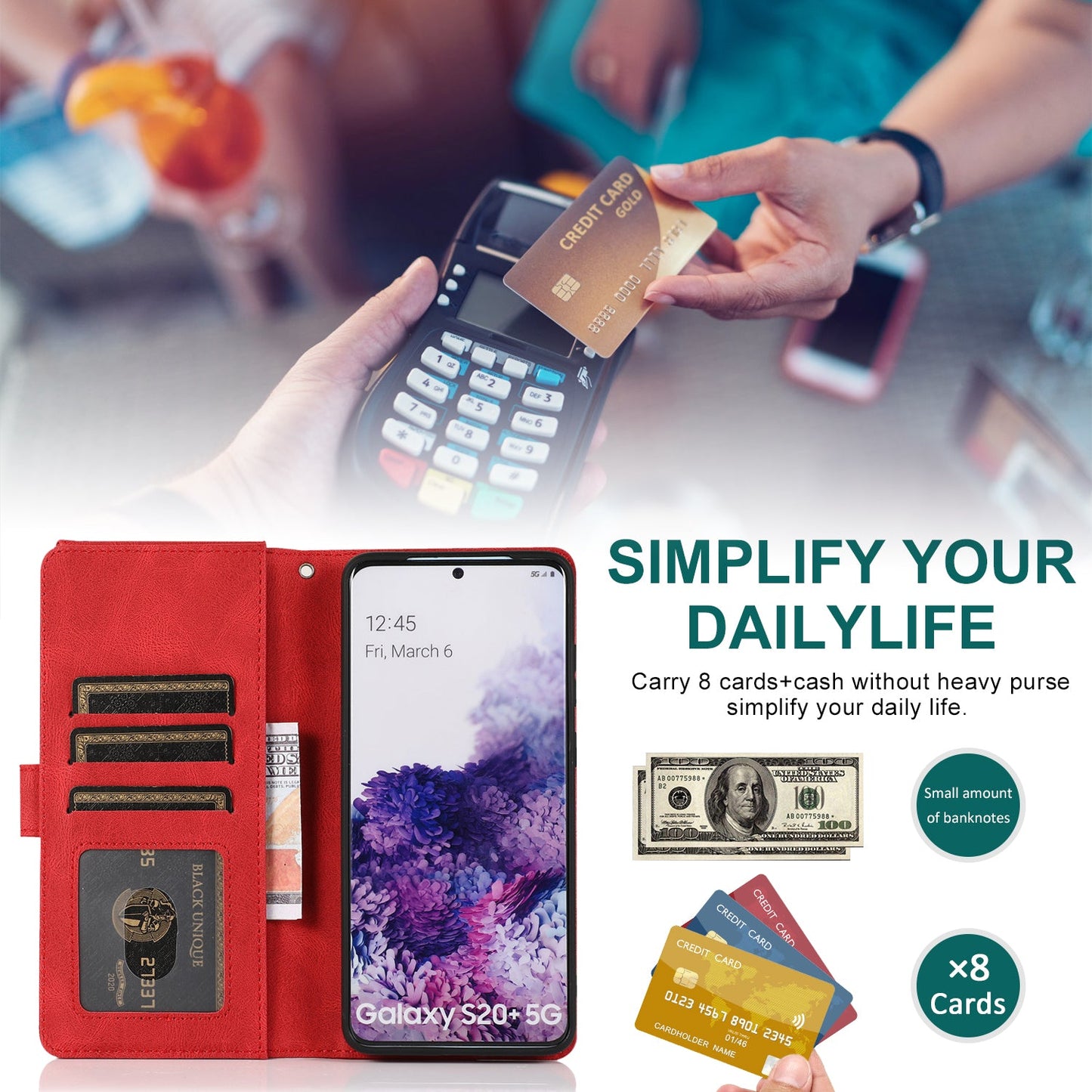 Étui en cuir de luxe à fermeture éclair multi-cartes sensation peau pour Samsung S20 Plus
