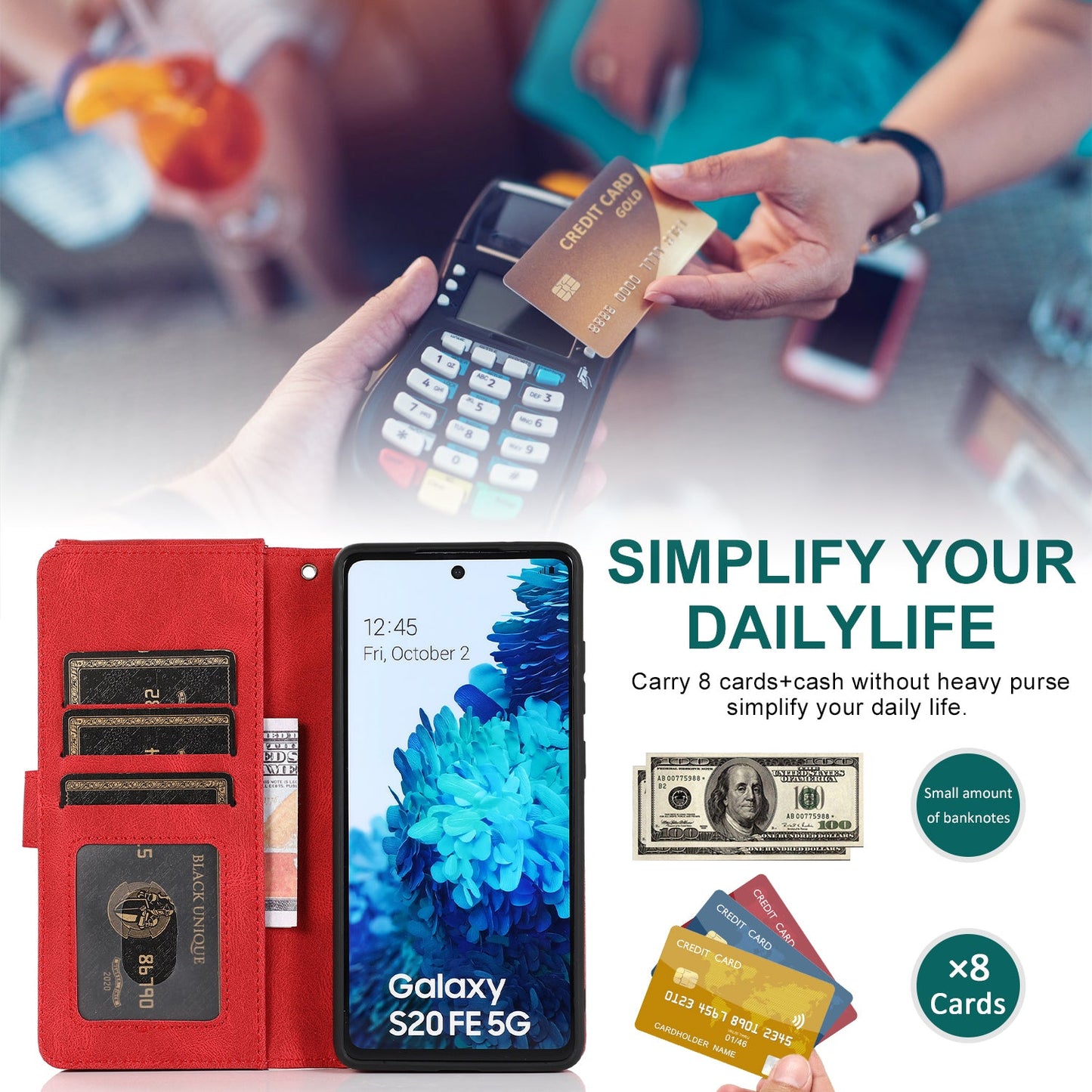 Étui en cuir de luxe à fermeture éclair multi-cartes pour Samsung S20FE 4G/5G