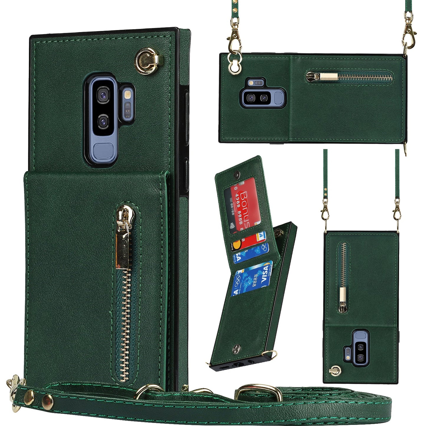 Nouvel étui de téléphone portefeuille à fermeture éclair en bandoulière pour Samsung S9 Plus