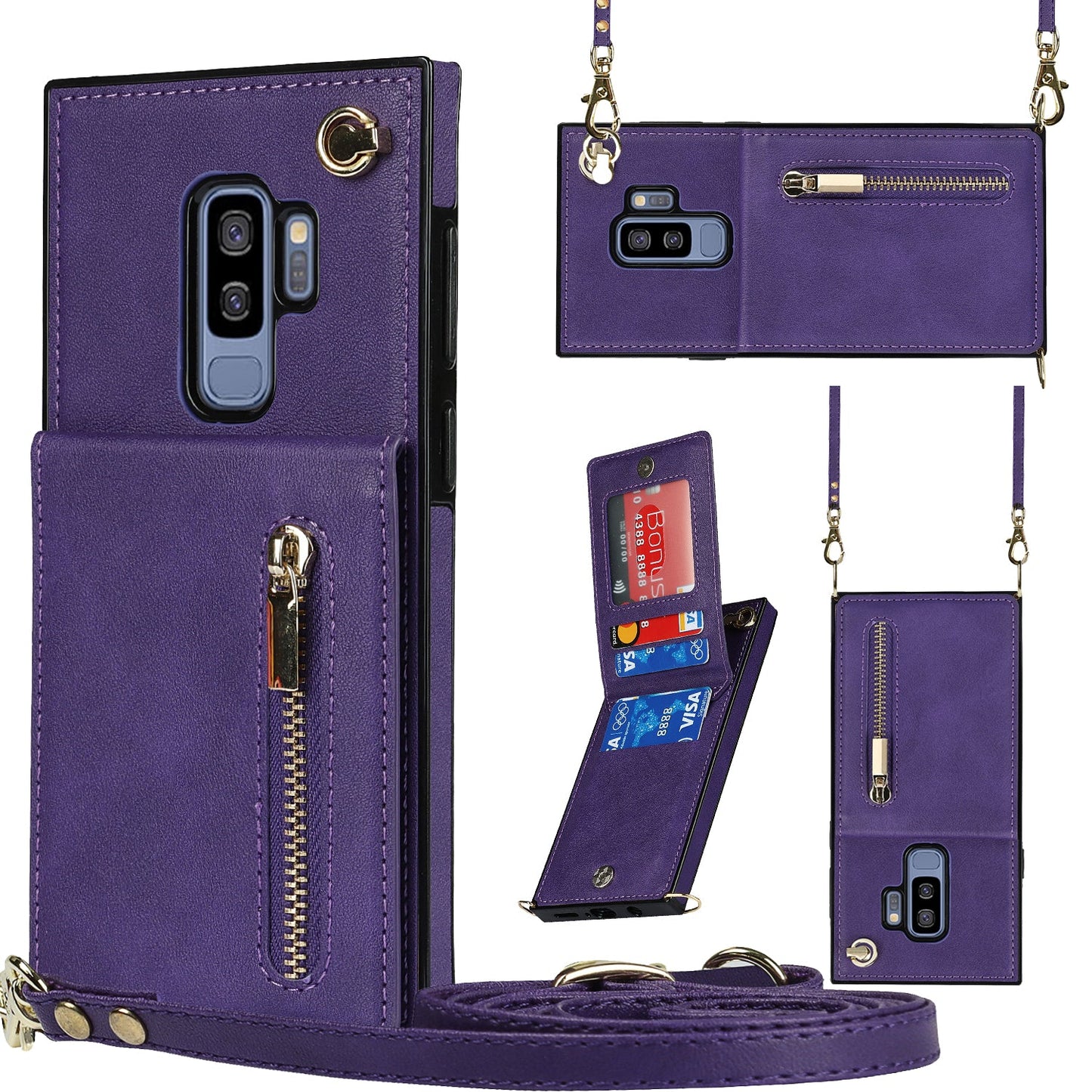 Nouvel étui de téléphone portefeuille à fermeture éclair en bandoulière pour Samsung S9 Plus