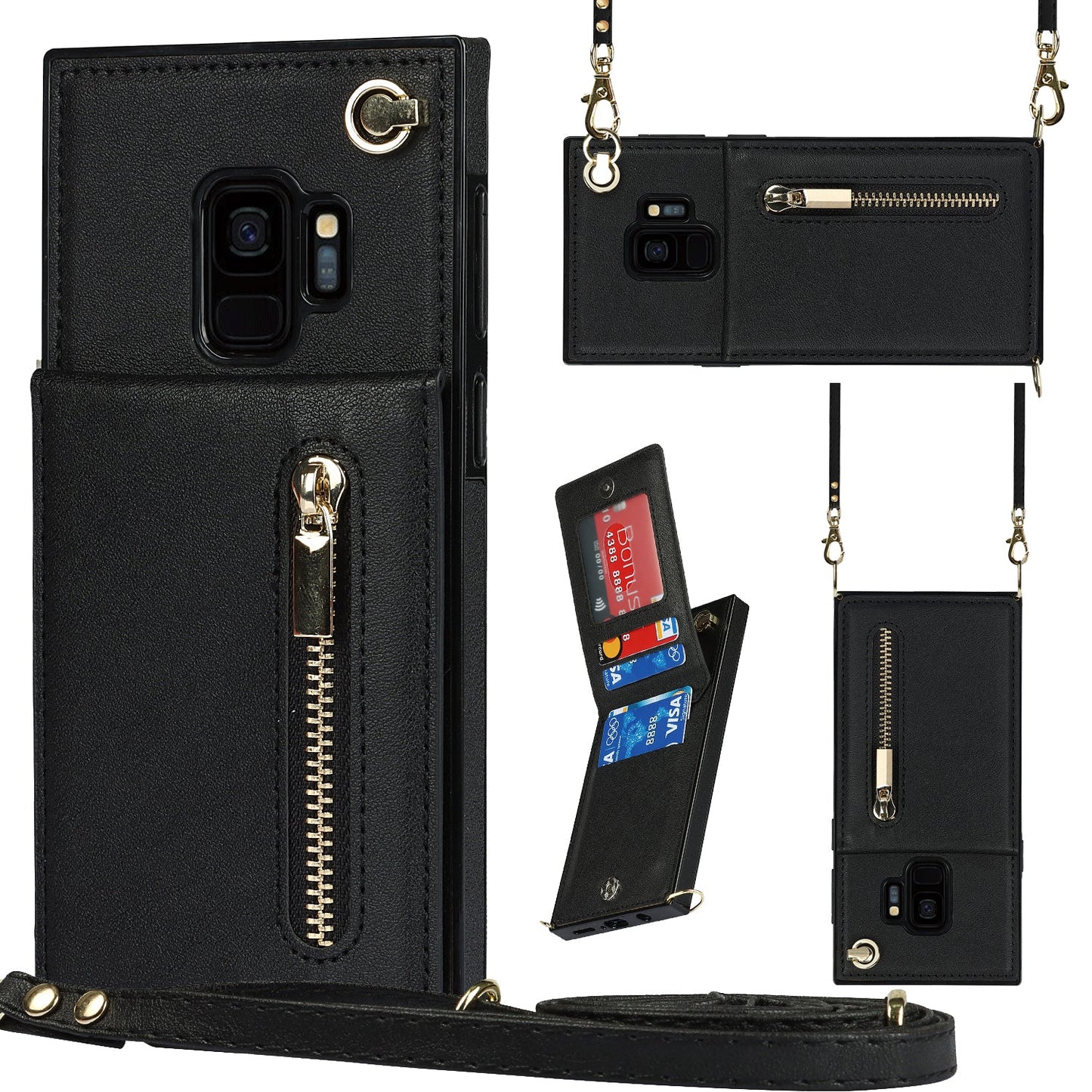 Nouvel étui de téléphone portefeuille à fermeture éclair en bandoulière pour Samsung S9