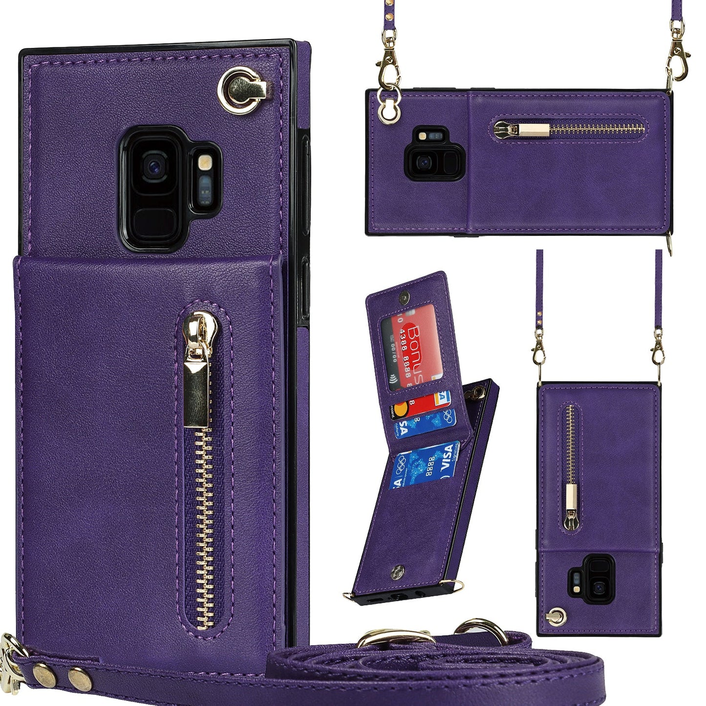 Nouvel étui de téléphone portefeuille à fermeture éclair en bandoulière pour Samsung S9