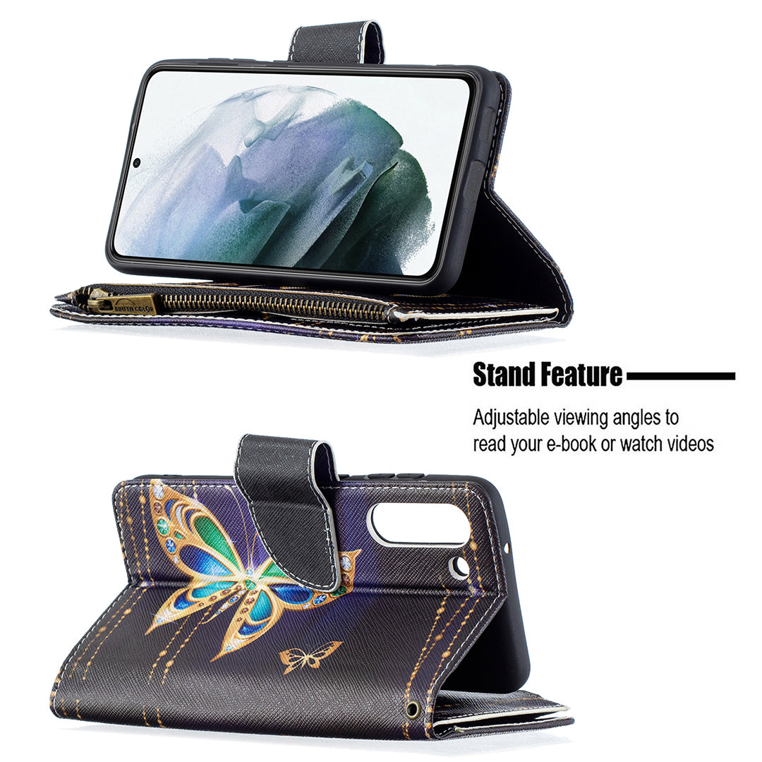 Large Capacity Painted Zipper Leather Case For Samsung S21FE