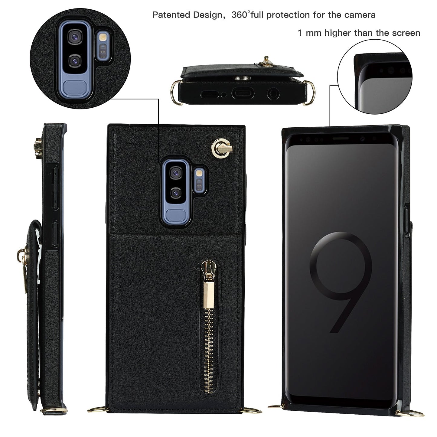 Nouvel étui de téléphone portefeuille à fermeture éclair en bandoulière pour Samsung S9 Plus