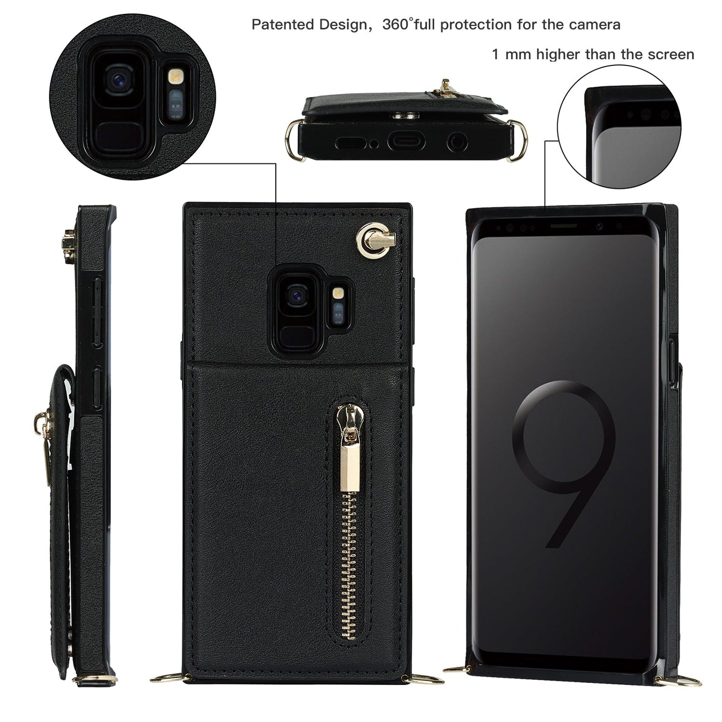 Nouvel étui de téléphone portefeuille à fermeture éclair en bandoulière pour Samsung S9