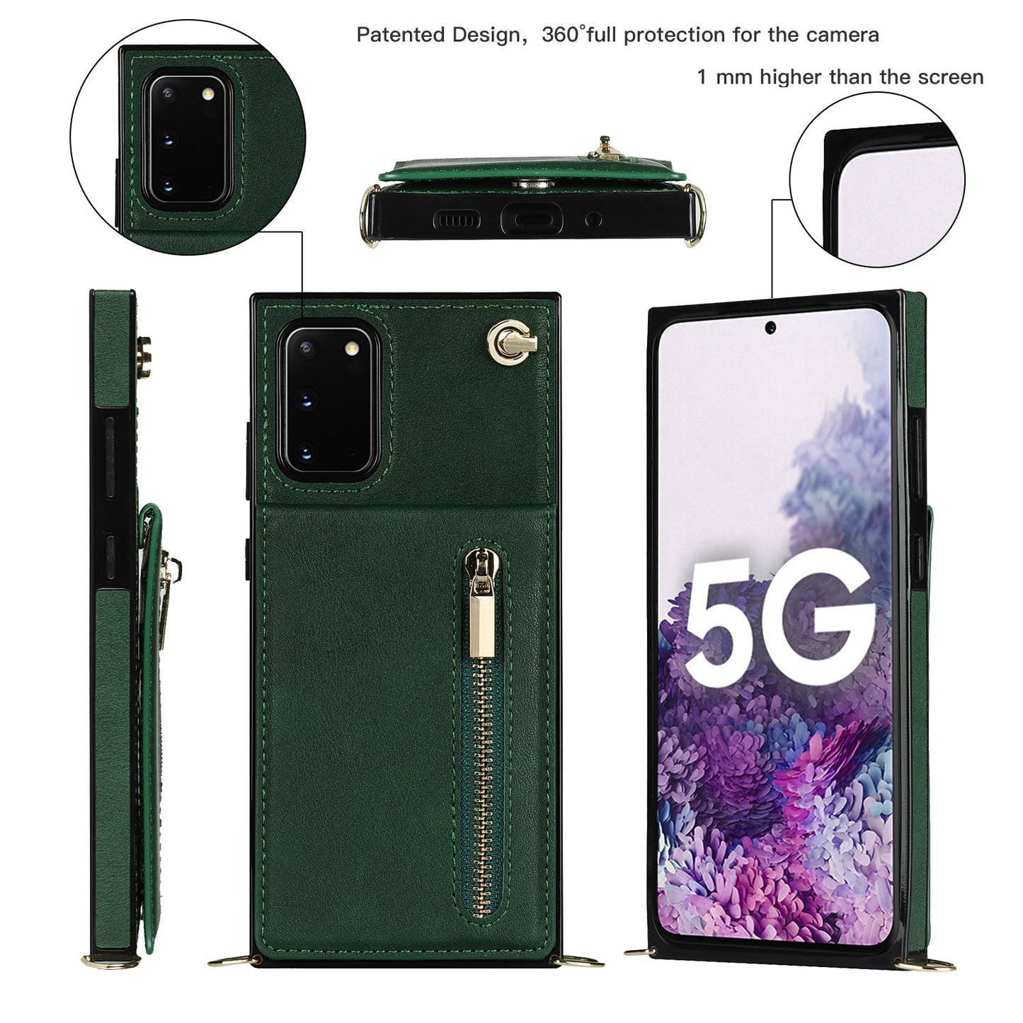 Nouvel étui de téléphone portefeuille à fermeture éclair bandoulière pour Samsung S20