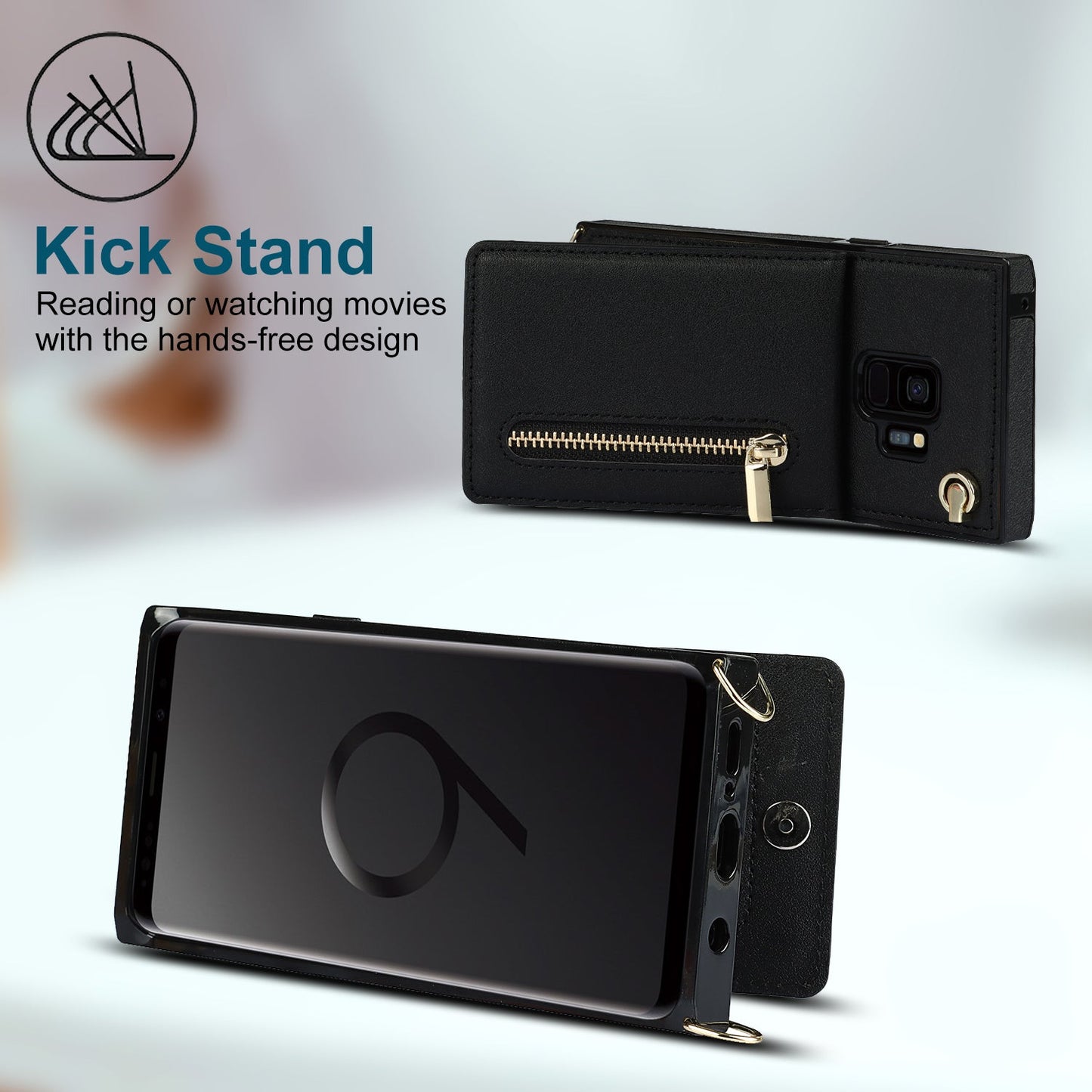 Nouvel étui de téléphone portefeuille à fermeture éclair en bandoulière pour Samsung S9