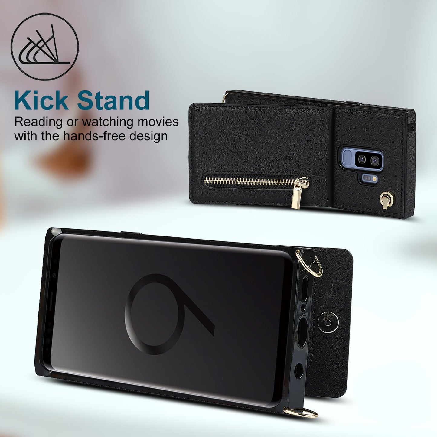 Nouvel étui de téléphone portefeuille à fermeture éclair en bandoulière pour Samsung S9 Plus