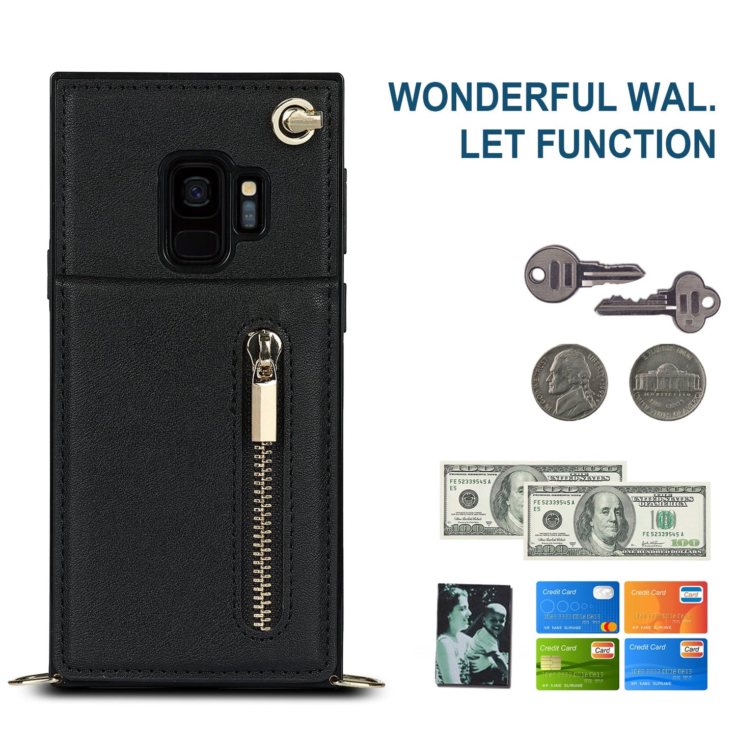 Nouvel étui de téléphone portefeuille à fermeture éclair en bandoulière pour Samsung S9
