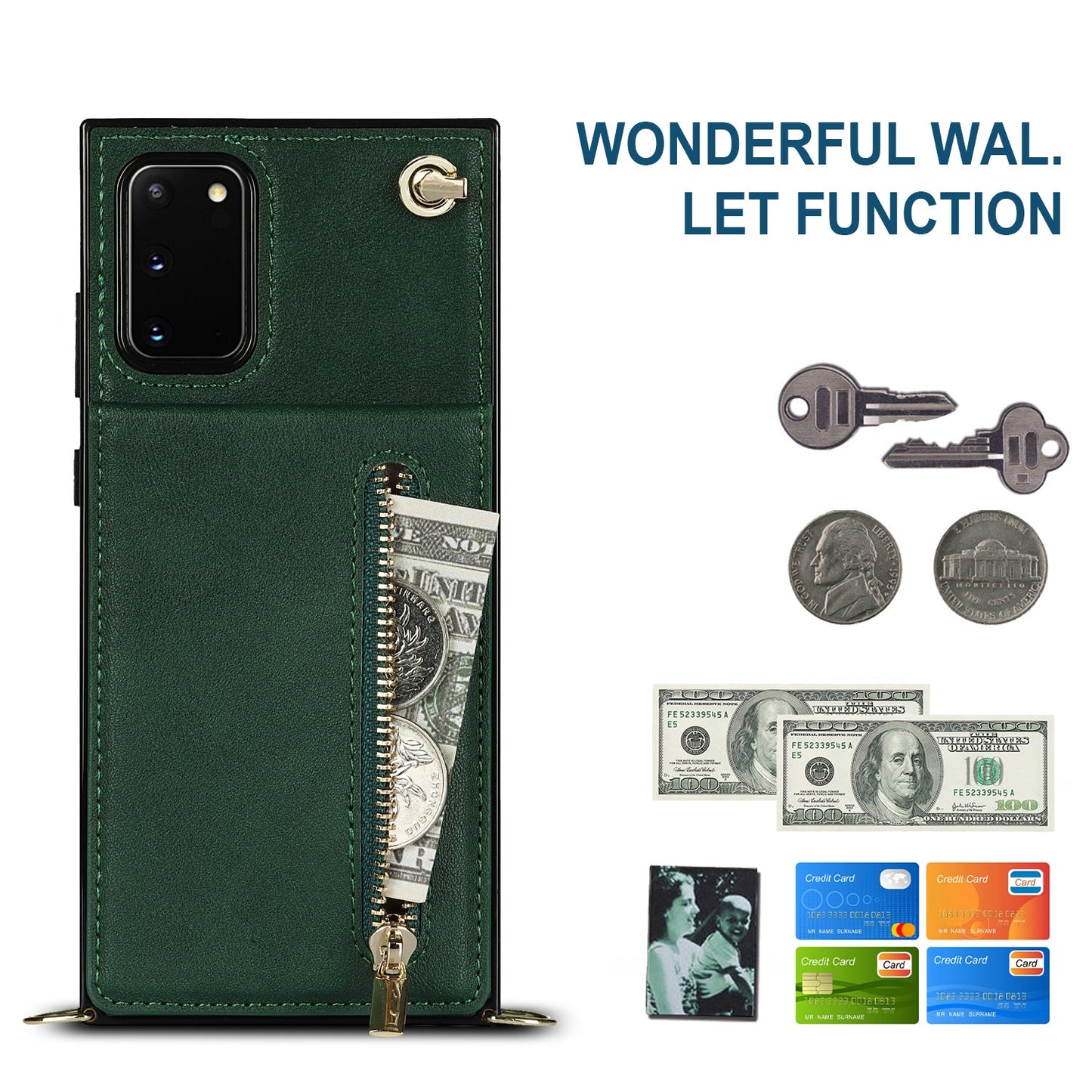 Nouvel étui de téléphone portefeuille à fermeture éclair bandoulière pour Samsung S20