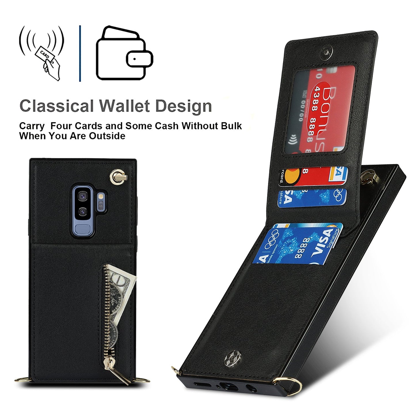 Nouvel étui de téléphone portefeuille à fermeture éclair en bandoulière pour Samsung S9 Plus