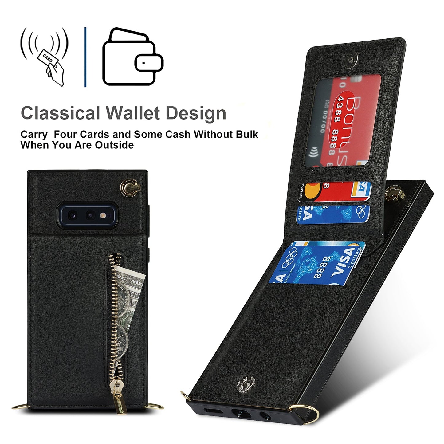 Nouveau portefeuille zippé à bandoulière pour Samsung S10E
