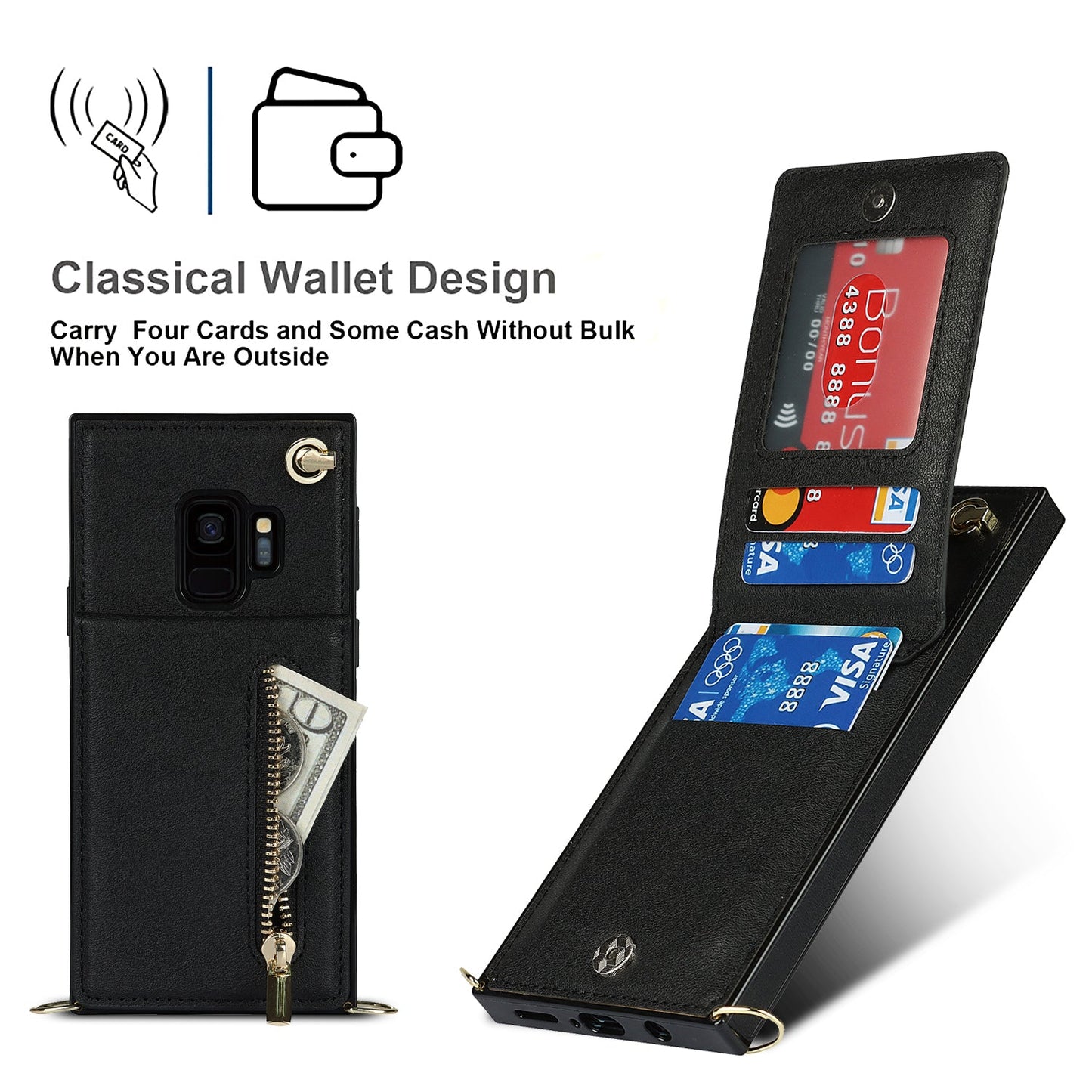 Nouvel étui de téléphone portefeuille à fermeture éclair en bandoulière pour Samsung S9