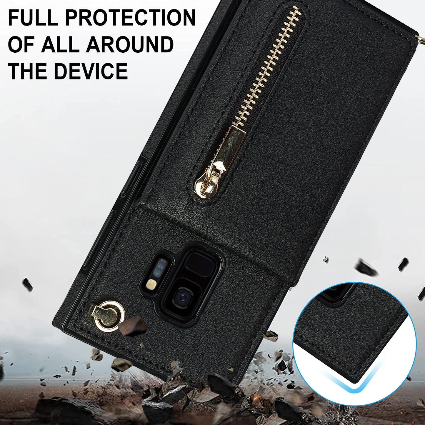 Nouvel étui de téléphone portefeuille à fermeture éclair en bandoulière pour Samsung S9