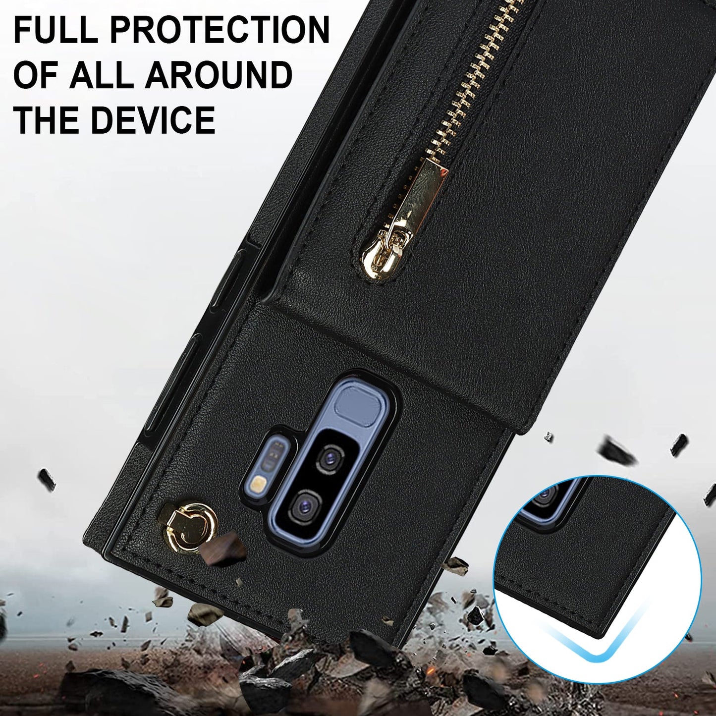 Nouvel étui de téléphone portefeuille à fermeture éclair en bandoulière pour Samsung S9 Plus