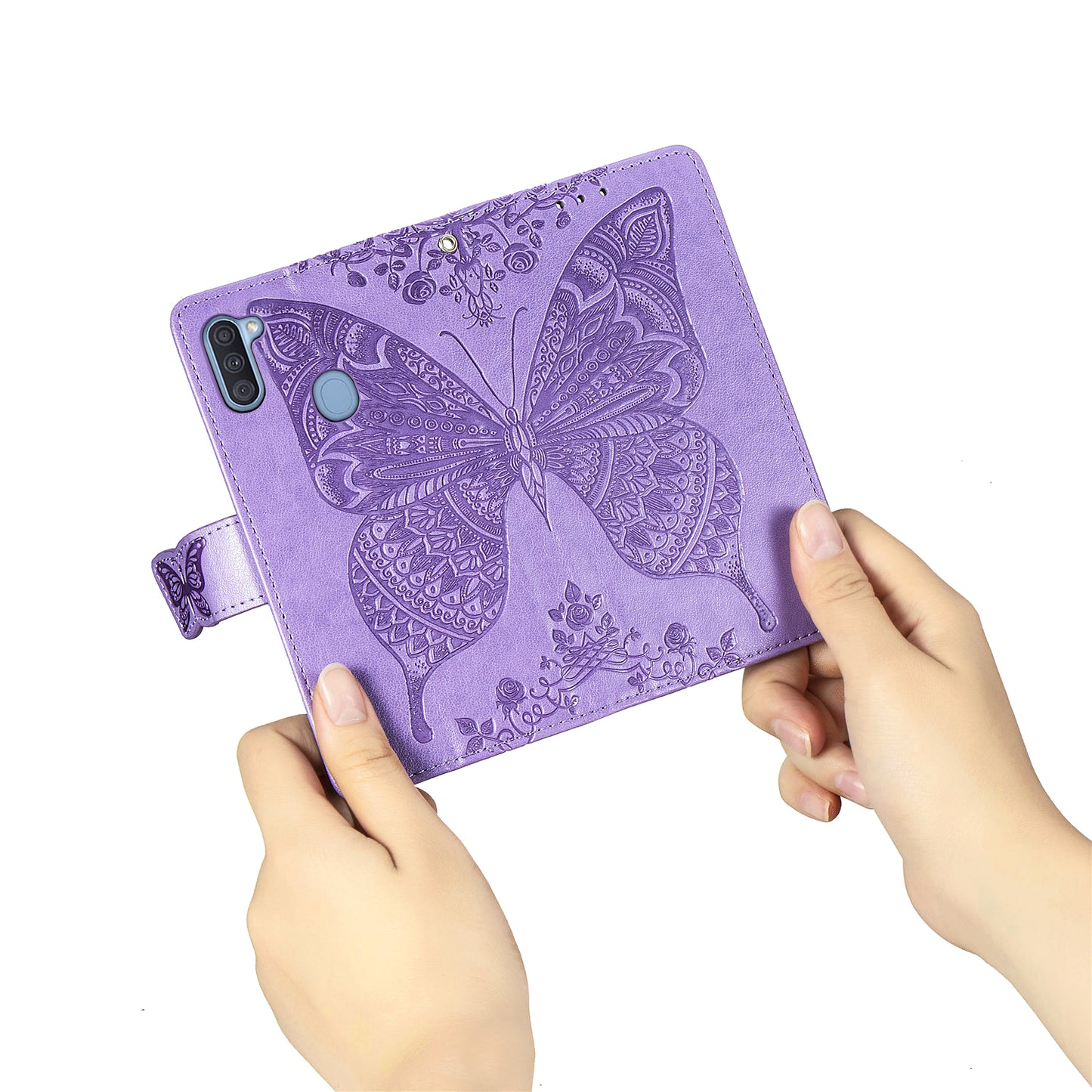 Étui portefeuille en cuir gaufré de luxe avec motif papillon pour Samsung A11