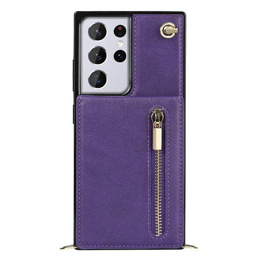 Nouvel étui de téléphone portefeuille à fermeture éclair en bandoulière pour la série Samsung S21