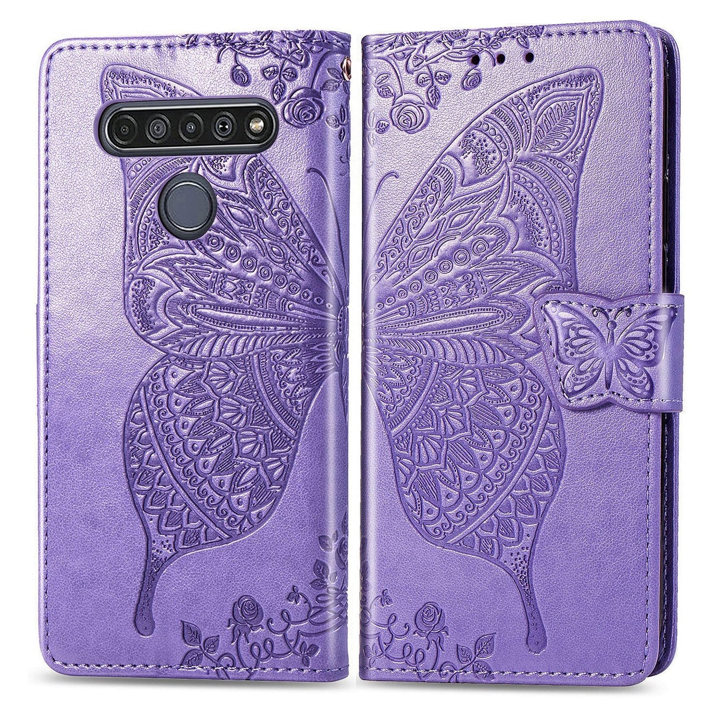 Étui portefeuille en cuir gaufré de luxe avec papillons pour LG K61