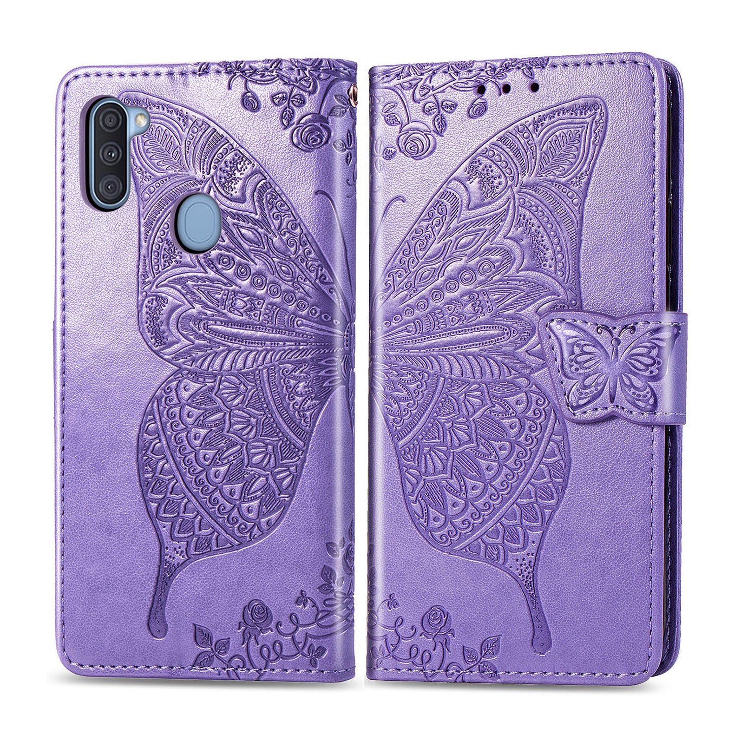 Étui portefeuille en cuir gaufré de luxe avec motif papillon pour Samsung A11