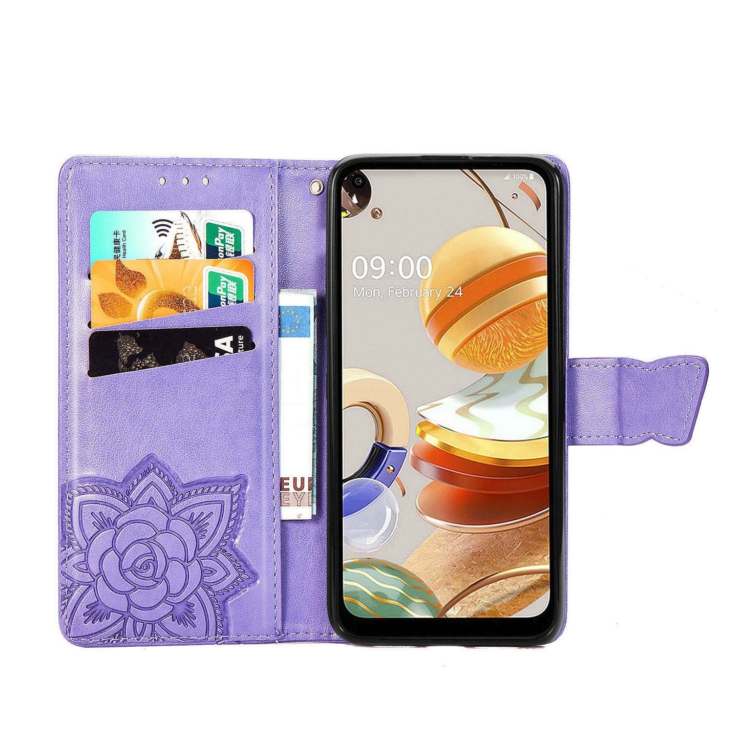 Étui portefeuille en cuir gaufré de luxe avec papillons pour LG K61