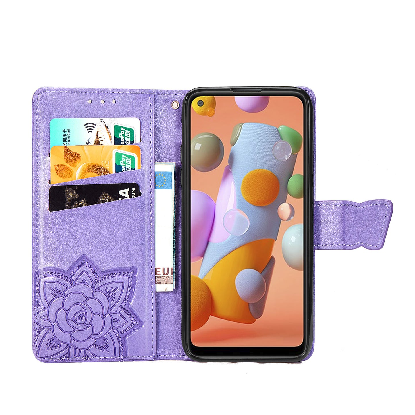 Étui portefeuille en cuir gaufré de luxe avec motif papillon pour Samsung A11