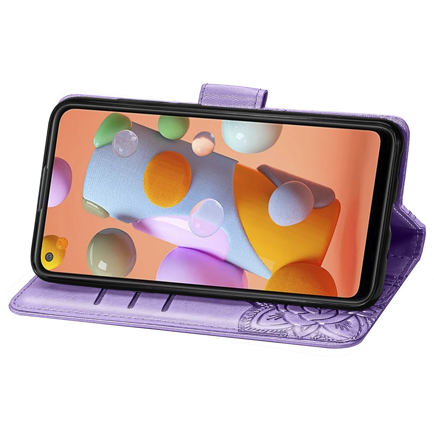 Étui portefeuille en cuir gaufré de luxe avec motif papillon pour Samsung A11