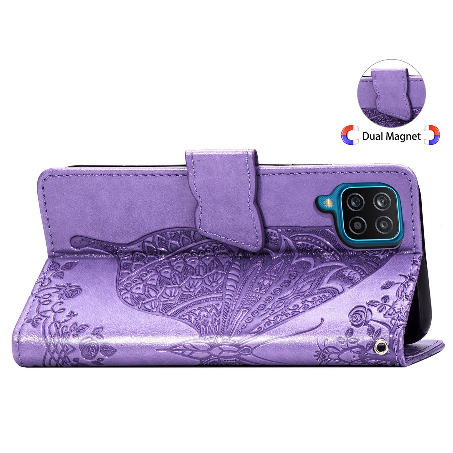 Étui Portefeuille en Cuir Gaufré Papillon de Luxe pour Samsung A12