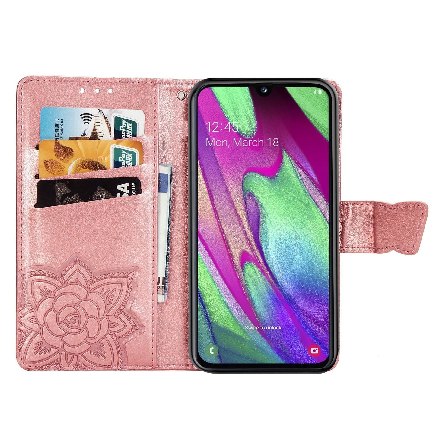 Étui portefeuille à rabat en cuir avec papillons gaufrés de luxe pour Samsung A40