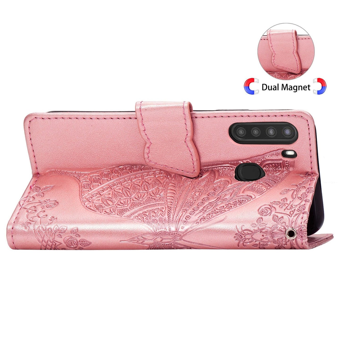 Luxuriöse geprägte Schmetterling Leder Brieftasche Flip Hülle für Samsung A21
