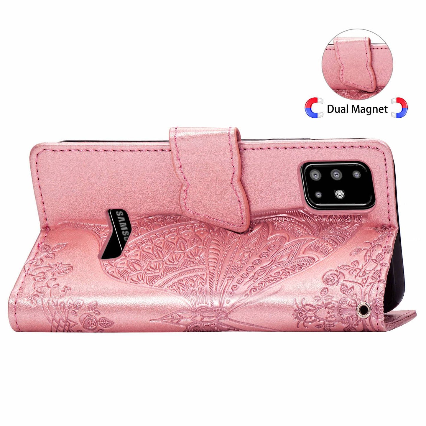 Étui portefeuille en cuir gaufré de luxe papillon pour Samsung A51/A71