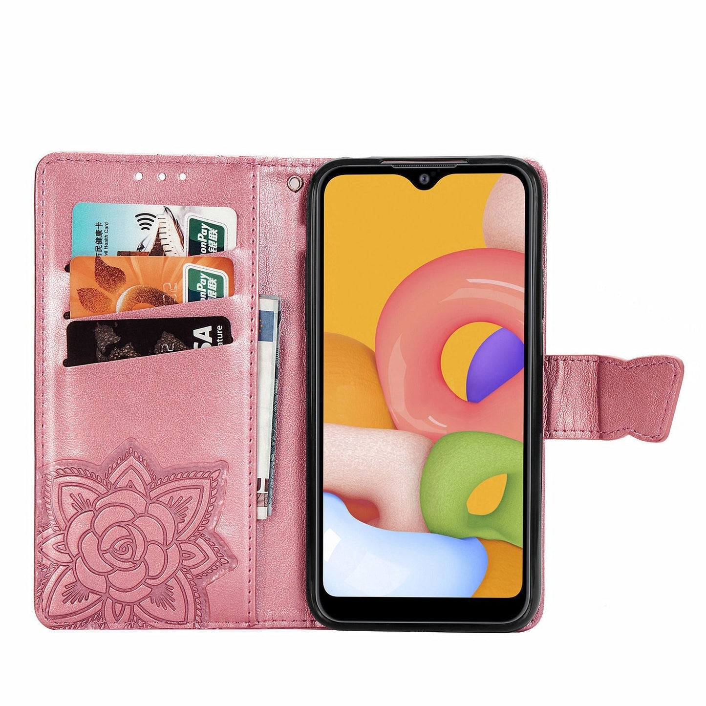 Étui portefeuille en cuir gaufré de luxe papillon pour Samsung A01 (UE)
