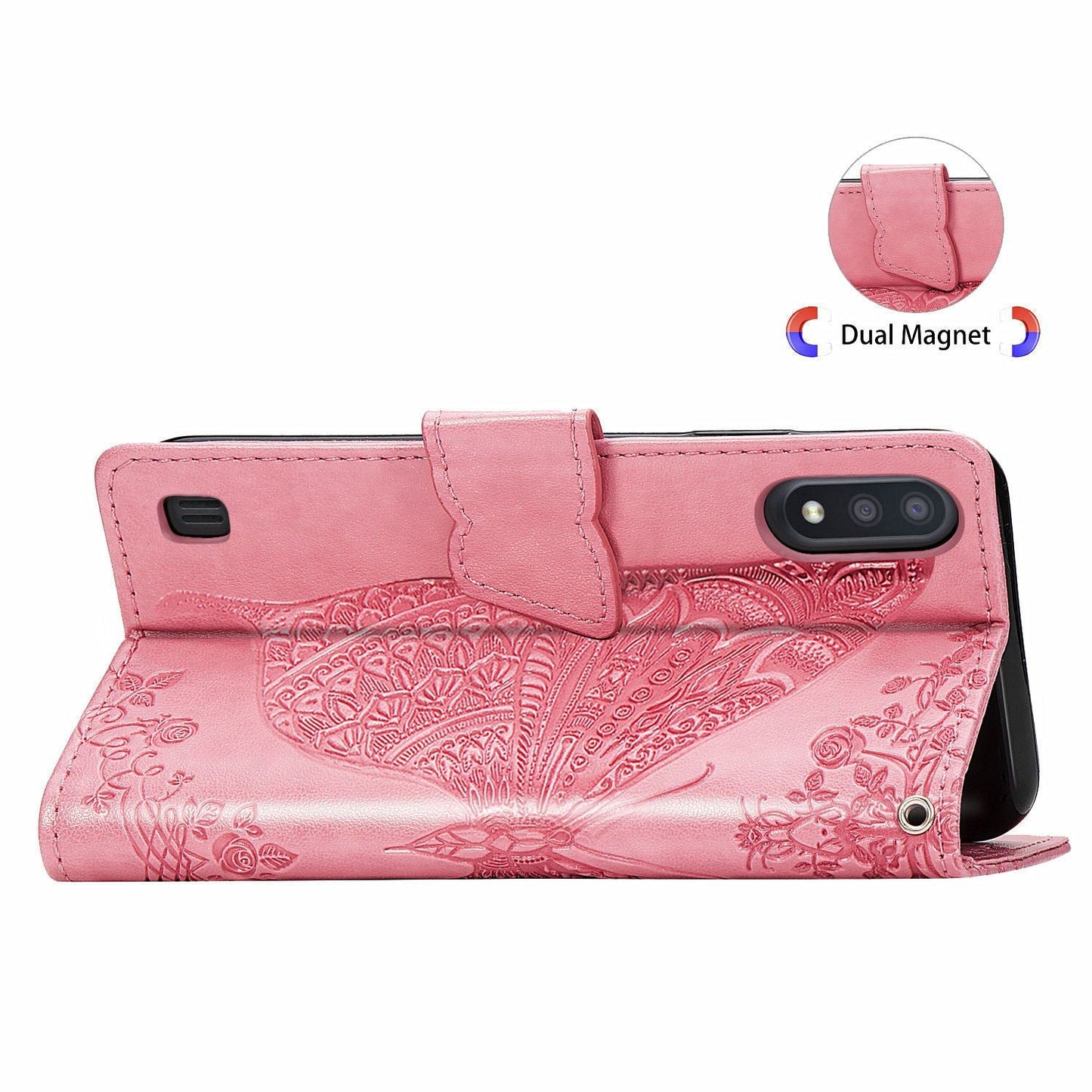Étui portefeuille en cuir gaufré de luxe papillon pour Samsung A01 (UE)