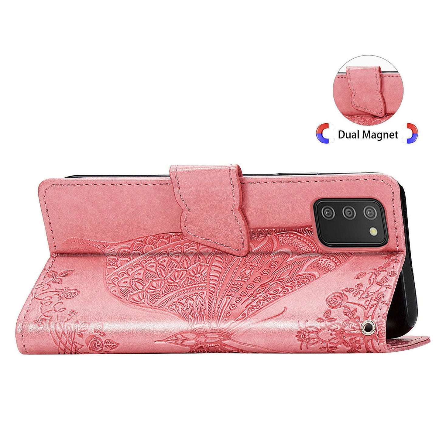 Étui portefeuille à rabat en cuir avec papillon en relief de luxe pour Samsung A02S (EU)
