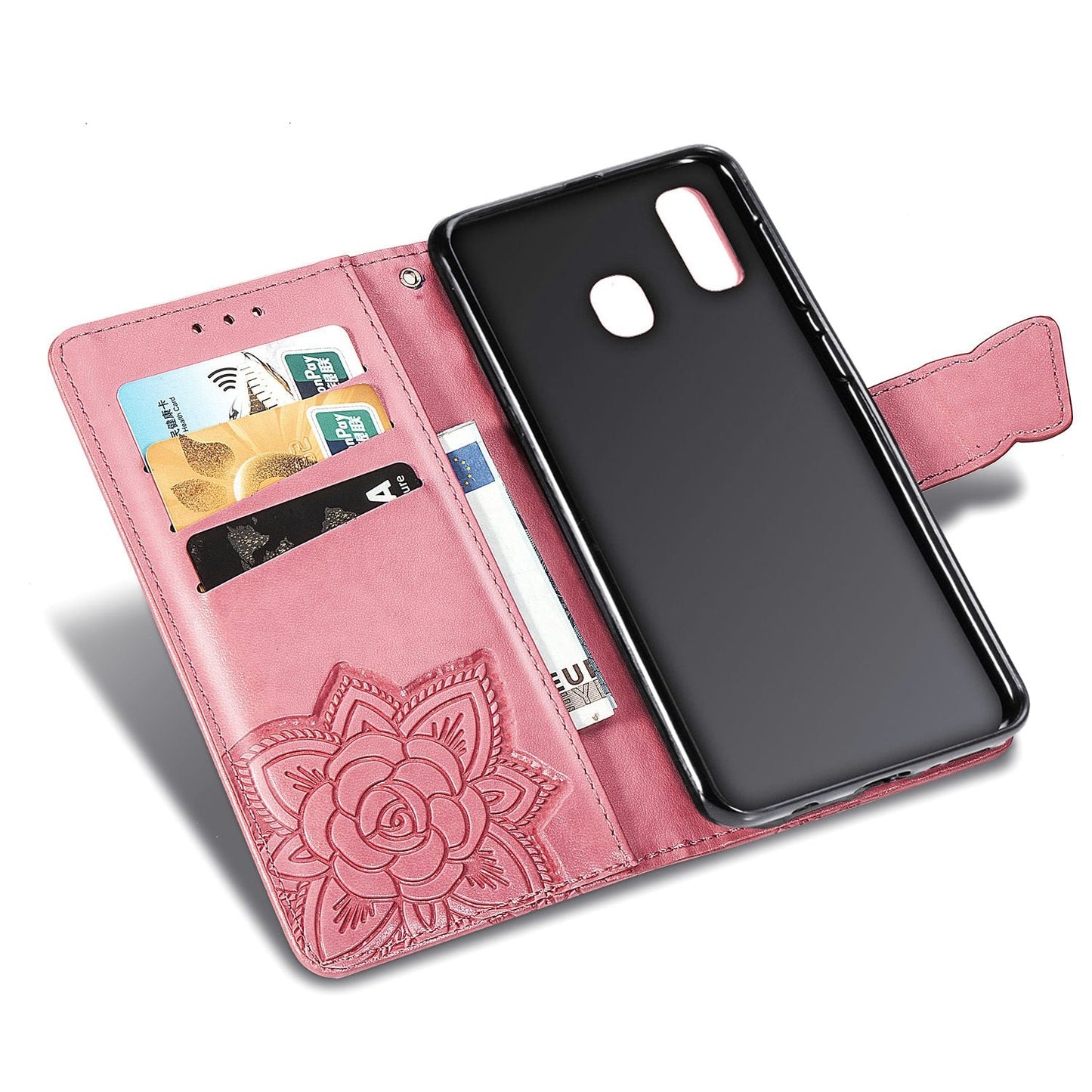Étui portefeuille à rabat en cuir avec papillons gaufrés de luxe pour Samsung A40