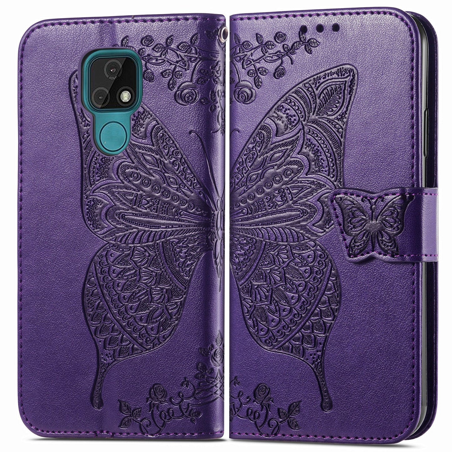Étui portefeuille à rabat en cuir avec papillon en relief de luxe pour MOTO E7