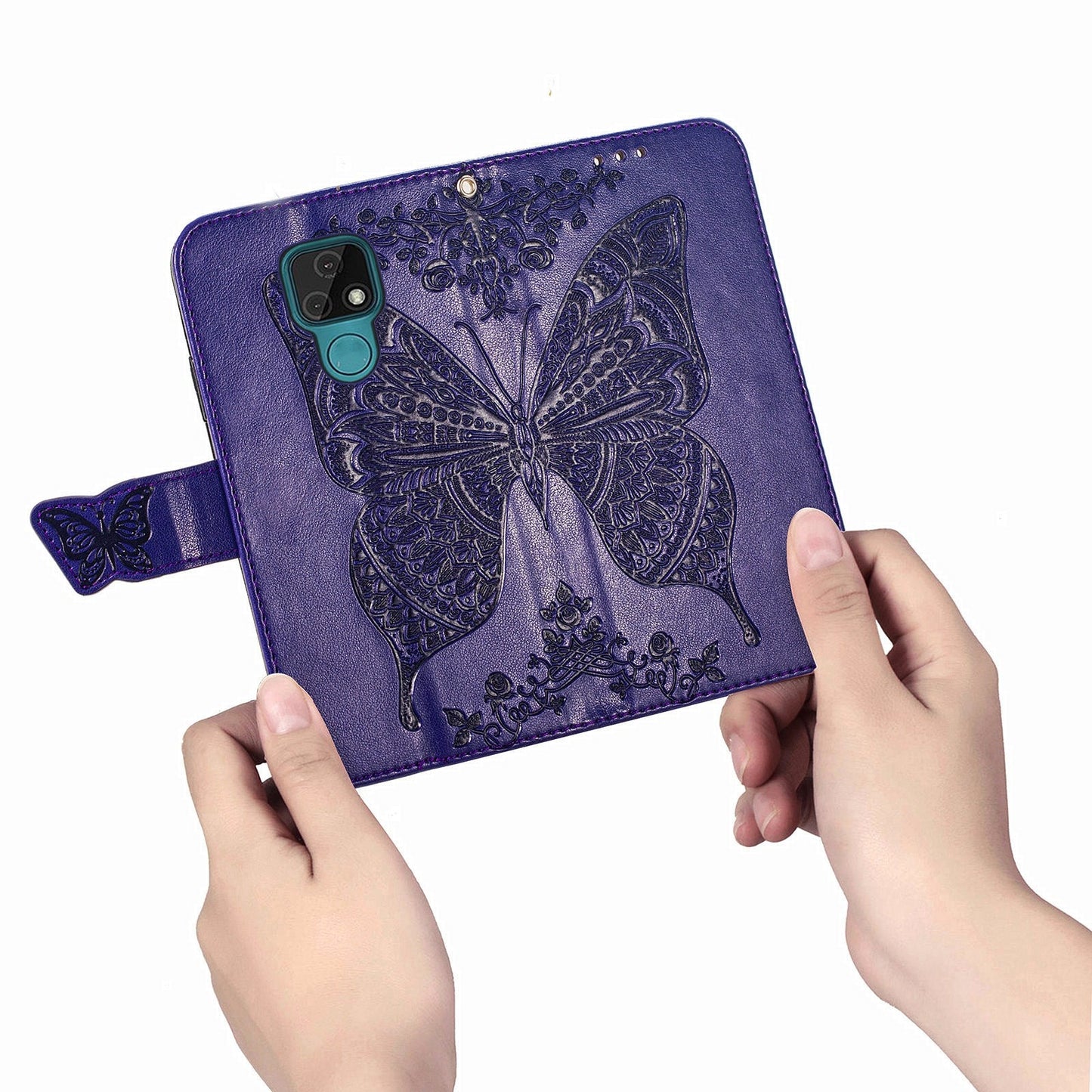Étui portefeuille à rabat en cuir avec papillon en relief de luxe pour MOTO E7