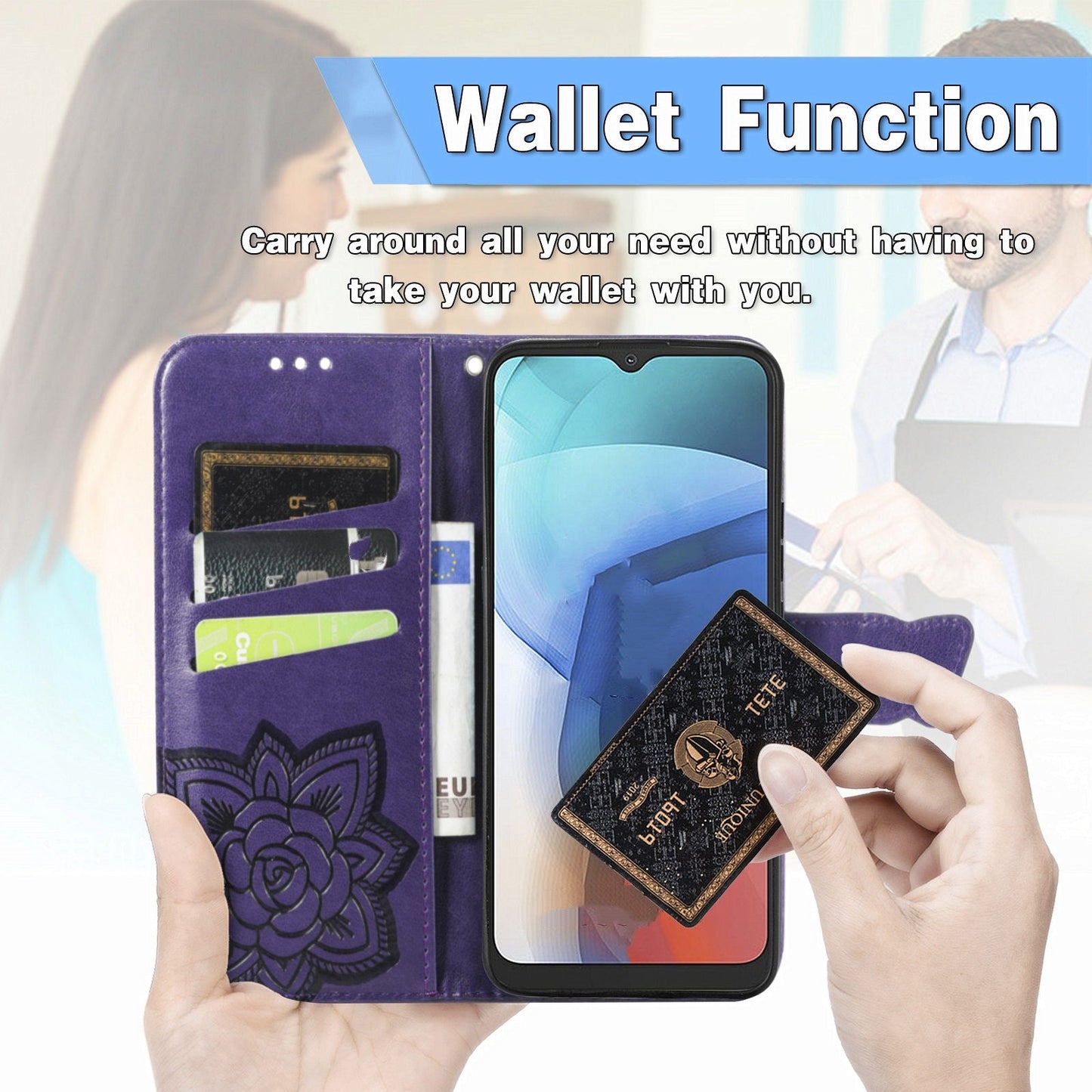 Étui portefeuille à rabat en cuir avec papillon en relief de luxe pour MOTO E7