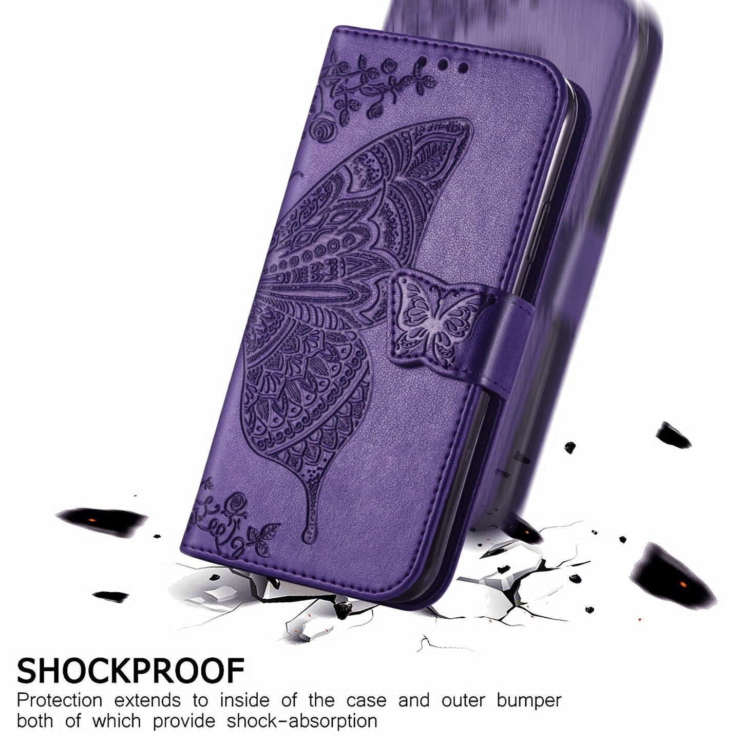 Étui portefeuille à rabat en cuir avec papillon en relief de luxe pour MOTO E7